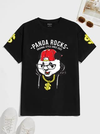SCOTT FINCHER Men's Panda T-Shirt, Cotton blend, Black, Short Sleeve, Crew Neck, Regular Fit : AA(HSR)BLACK_119
