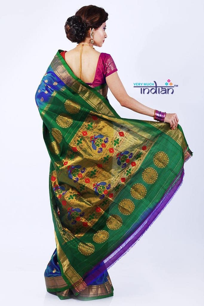 Pure Silk Handloom Maharani Paithani - Dual tone Beautiful Blue Green with Green Border(Available in Floral Buttis) view 2