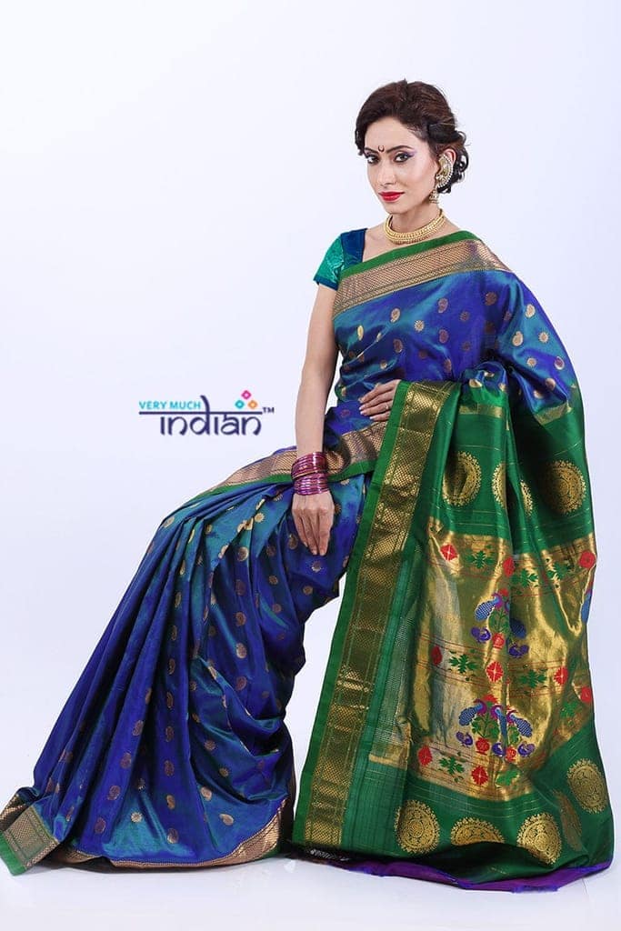 Pure Silk Handloom Maharani Paithani - Dual tone Beautiful Blue Green with Green Border(Available in Floral Buttis) view 3