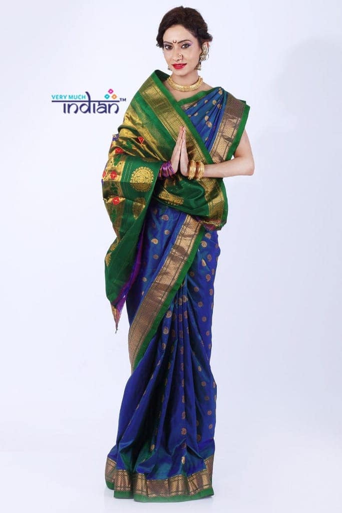 Pure Silk Handloom Maharani Paithani - Dual tone Beautiful Blue Green with Green Border(Available in Floral Buttis) view 4