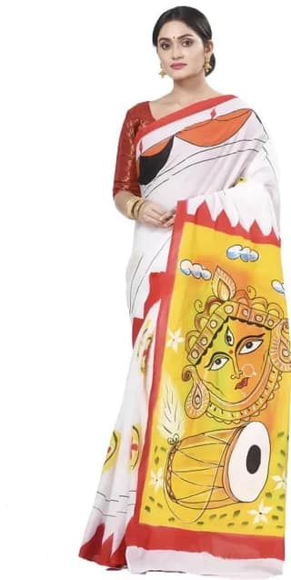 Hand Painted Handloom Pure Cotton Saree (White)