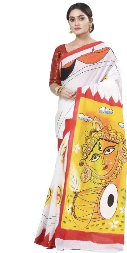 Hand Painted Handloom Pure Cotton Saree (White)