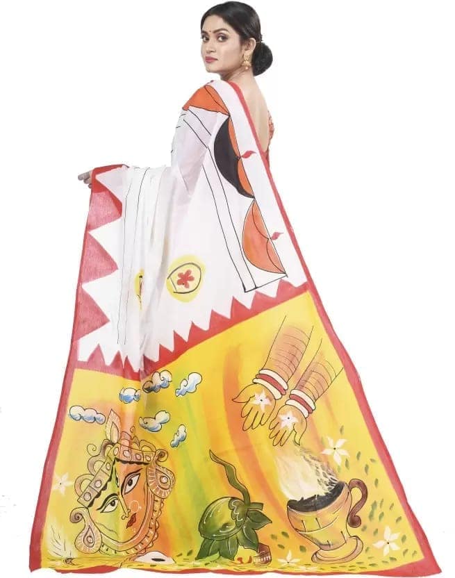 Hand Painted Handloom Pure Cotton Saree (White) view 2