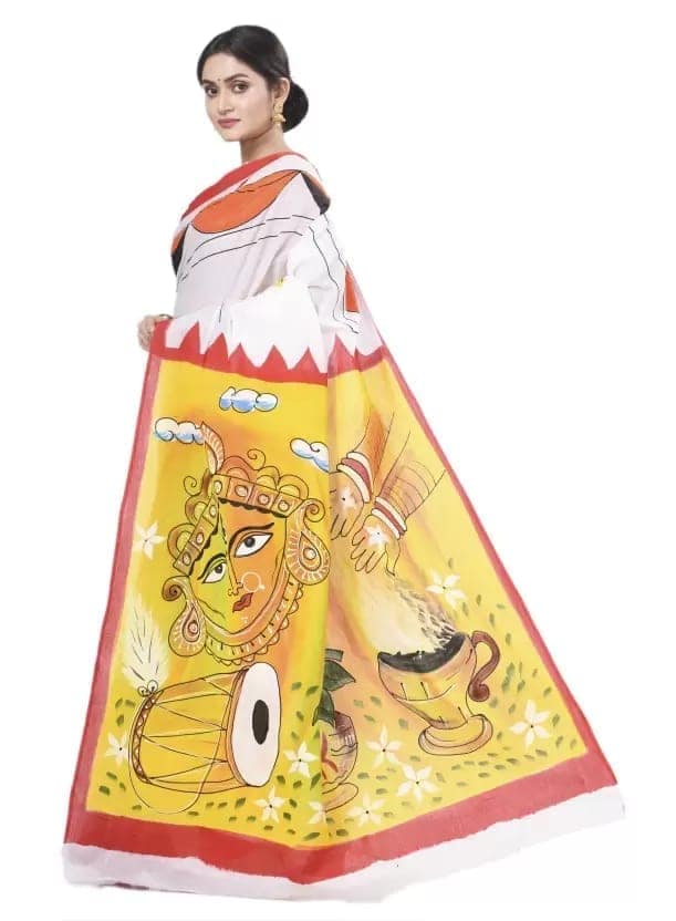 Hand Painted Handloom Pure Cotton Saree (White) view 3