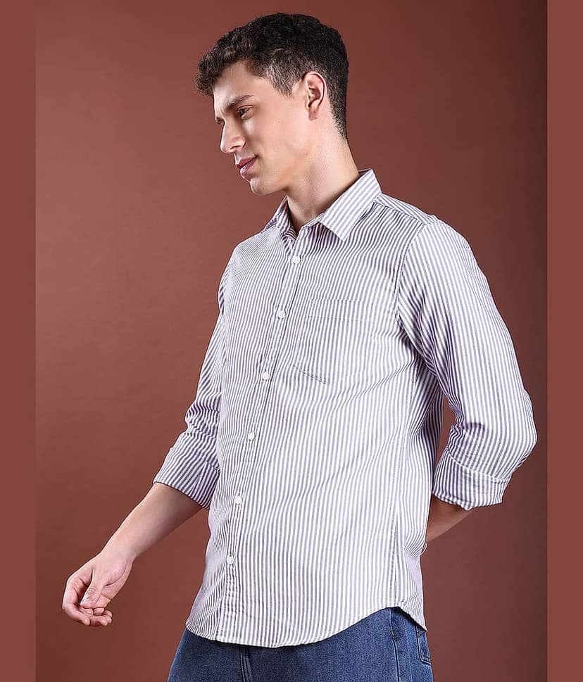 Highlander Cotton Blend Slim Fit Striped Full Sleeves Men's Casual Shirt - Lavender ( Pack of 1 ) view 4