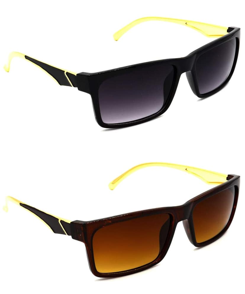 HRINKAR Unisex Rectangular Sunglasses Golden Frame, Grey & Brown Lens (Medium) - Pack of 2