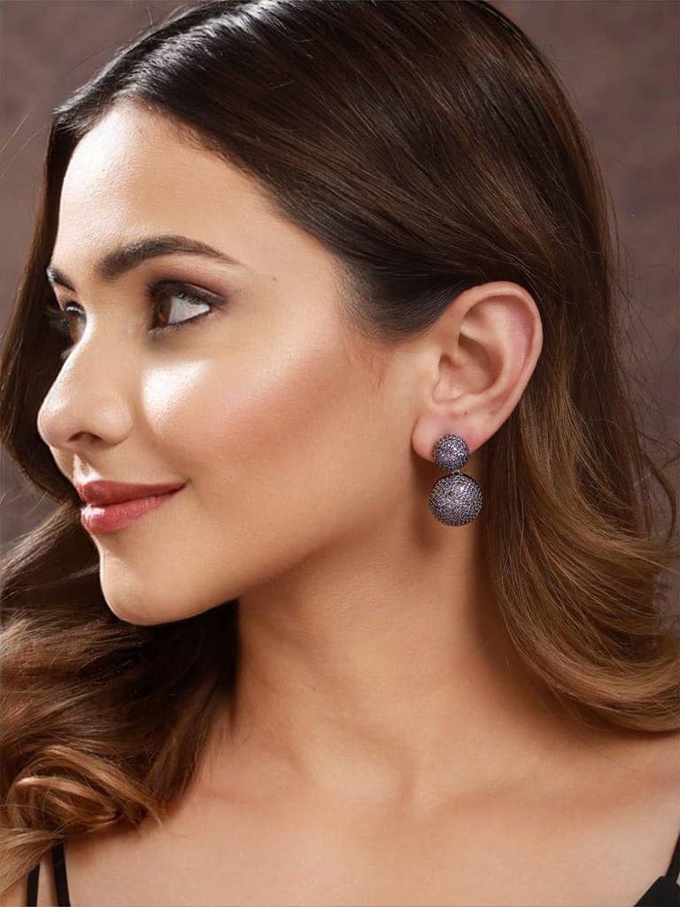 Rhodium Plated Purple Amethyst Studded Circular Drop earrings view 2