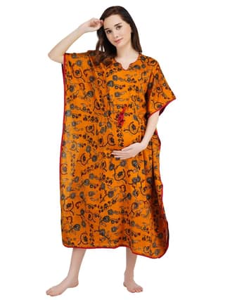 KOI SLEEPWEAR Women's Silk Maternity Kaftan Breastfeeding Gown Dress with Feeding Pocket Maxi Night Gown for Pregnant Women - Mustard