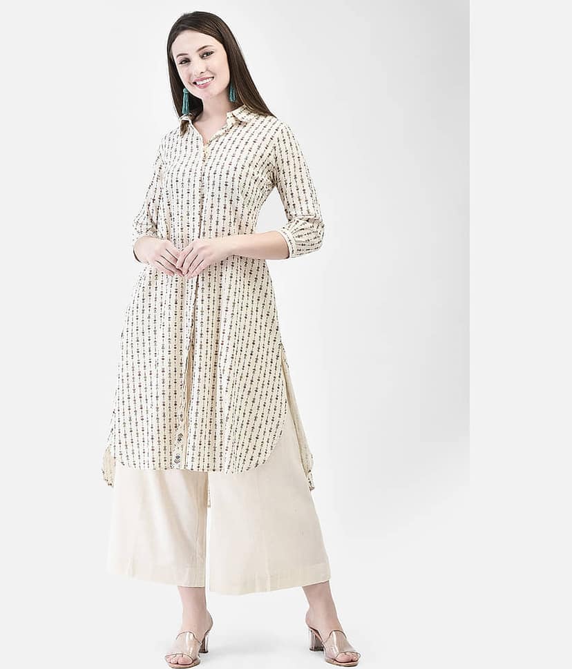 Span Women Cotton Printed Shirt Style Kurti ( White )