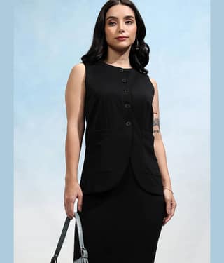 Tokyo Talkies Women Solid Top With Skirt Co-Ord Set ( Black )