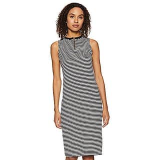 Miss Chase Womens Comfortable Round Neck Sleeveless Striped Midi Bodycon Dress with Zipper