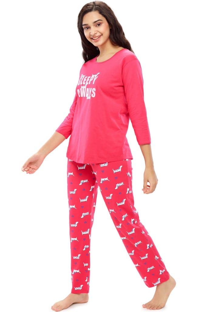 ZEYO Women's Cotton Pink Dog Animal & Heart Printed Night suit set view 3