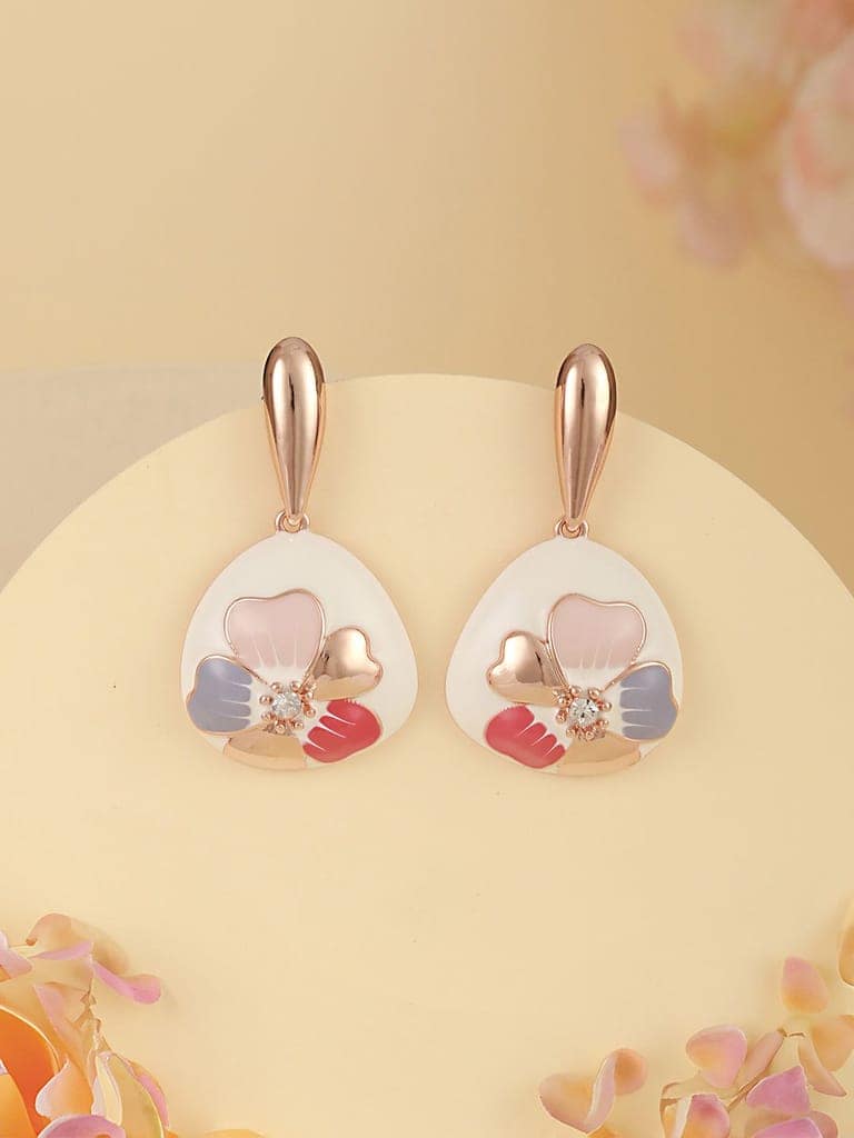Anti-Tarnish 18k Gold Plated Off White Enamelled Floral Statement Dangler Earrings view 2