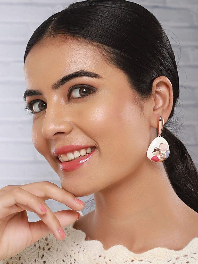 Anti-Tarnish 18k Gold Plated Off White Enamelled Floral Statement Dangler Earrings view 5