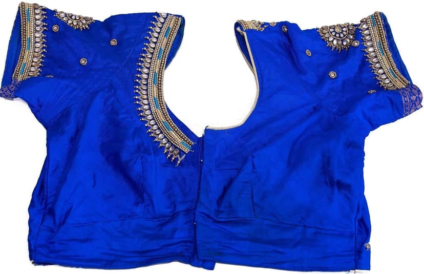Women's Blue Embroidered Silk Saree Blouse view 3