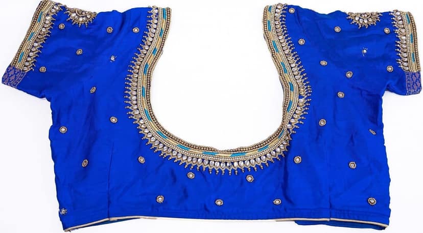 Women's Blue Embroidered Silk Saree Blouse view 4