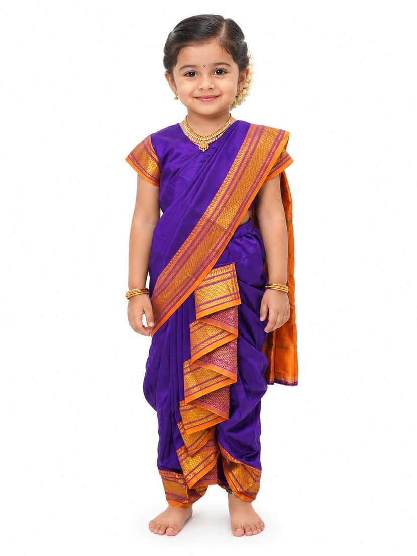 Mom and Me Nauvari Saree for Girls/Baby Girl, Ready to Wear, Marathi Maharashtrian Traditional Saree, Festival Outfit for Puja, Ganpati Festival, School Programs stitch Blouse (Blue, 12-13 years)