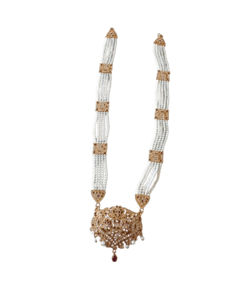 Exquisite Pearl and Gold Plated Haram Necklace with Floral Pendant