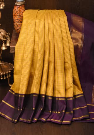 Yellow Tone Pure Kanjivaram Soft Silk Saree with Checks and Contrast Purple Zari Border| SILK MARK CERTIFIED