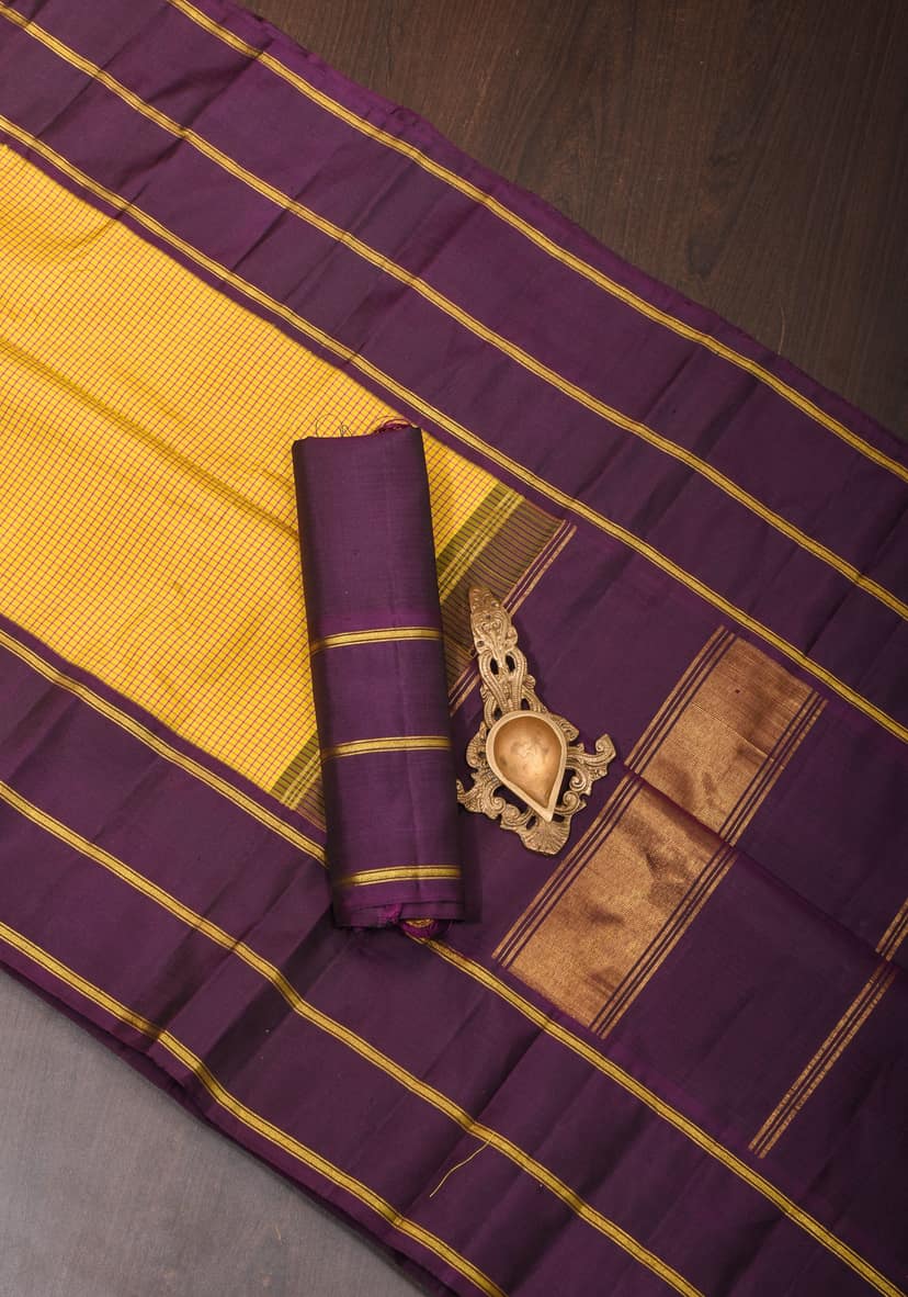 Yellow Tone Pure Kanjivaram Soft Silk Saree with Checks and Contrast Purple Zari Border| SILK MARK CERTIFIED view 7