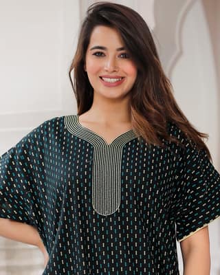 Women's Black Cotton Printed Kaftan Dress