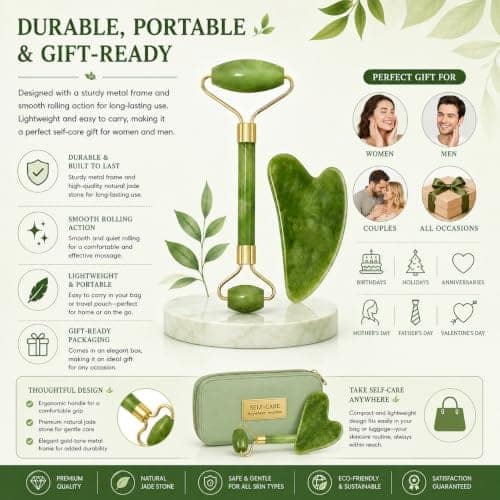 ANTIL'S Jade Roller and Gua Sha Stone Set – Face Massage Roller for Skin Tightening, Puffiness Reduction & Wrinkle Care | Improves Elasticity | Beauty Tool for Women & Men view 3