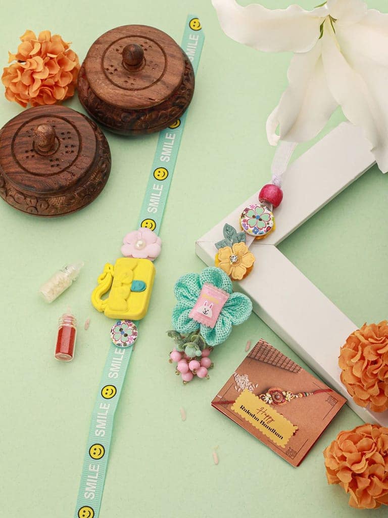 Set Of 2 Cute Handcrafted Ribbon Purse Flower Toy Rakhi Set For Kids view 2