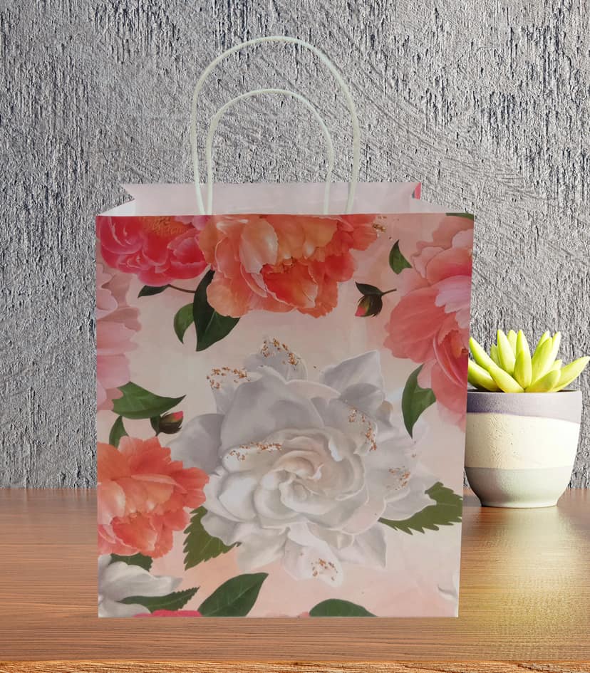 90 GSM Flower Printed Paper Gift Bags, Ideal for Birthday Return Gifts, Wedding Gifts, & Gifting on Special Occasions (Size: 11.4 x 9.4 x 4.7 inch) - 12