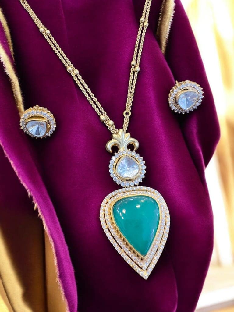 Stunning Gold and Green Kundan Pendant Set By Dia Art Jewels view 3