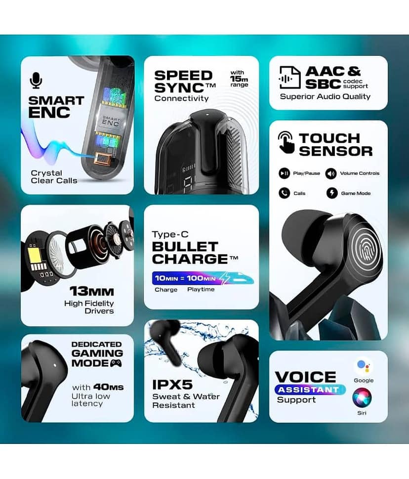 VEhop Ultrapods Bluetooth True Wireless (TWS) In Ear 30 Hours Playback Fast charging,Powerfull bass IPX4(Splash & Sweat Proof) Black view 2