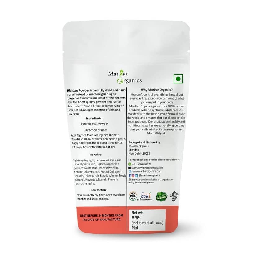 ManHar Organics Hibiscus Powder 100gm | Pure & Natural | For Healthy Hair & Glowing Skin | Chemical-Free Herbal Beauty Powder | Rich in Antioxidants view 2