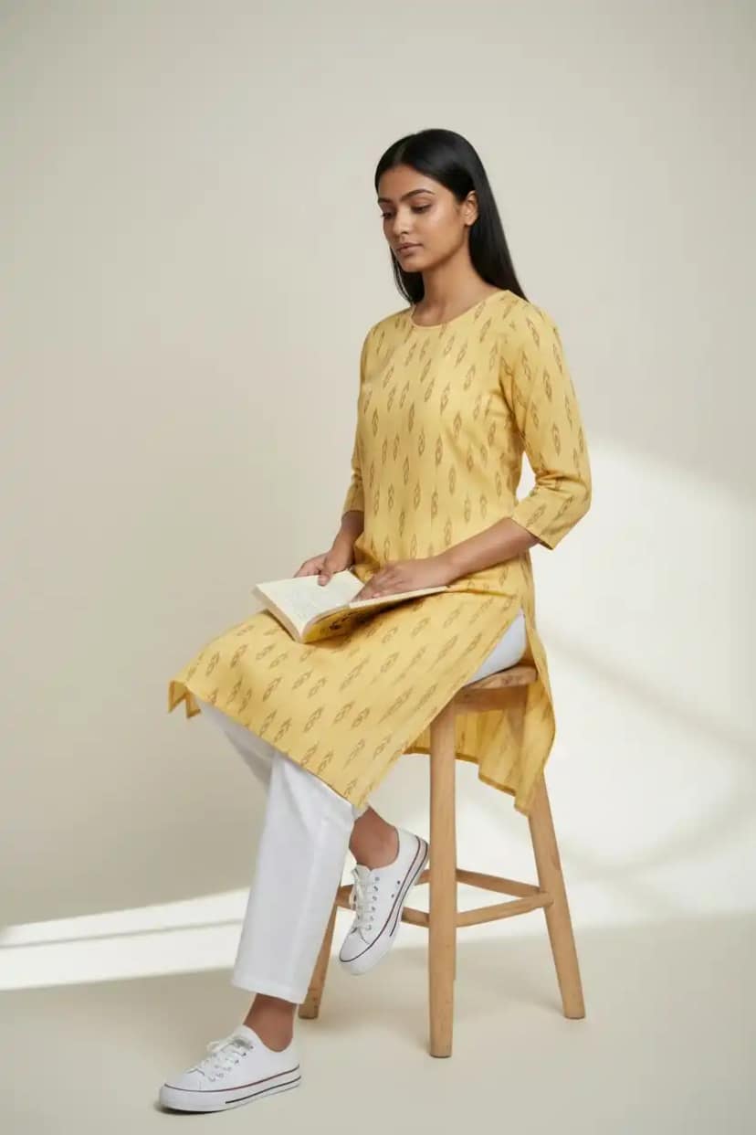 Handwoven Sambalpuri Bandhakala Cotton Kurti in Yellow view 3