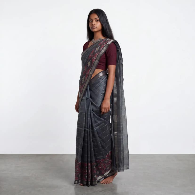 Charcoal Grey Mangalgiri Ikat Silk Saree, Temple Border view 2