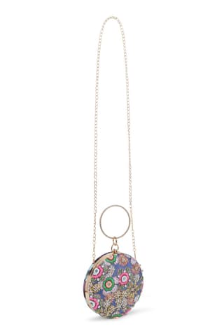 Blue Satin Printed & Thread Work Round Clutch