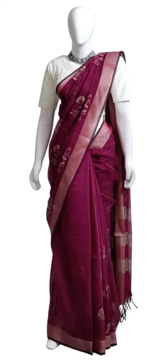 Saura Art Cotton Saree Wine Burgundy Tribal Figure Buti