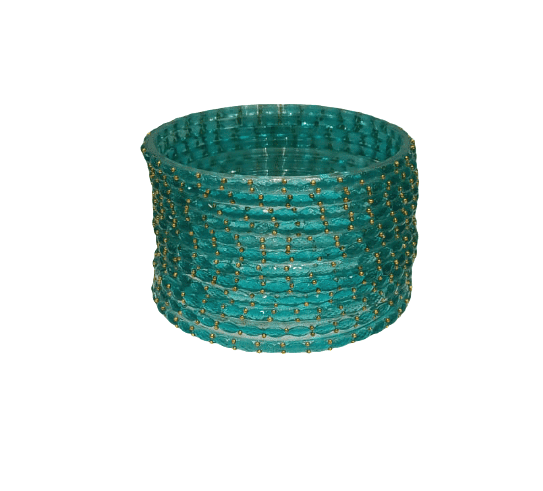 Teal Glass Bangle Set with Gold Bead Embellishments