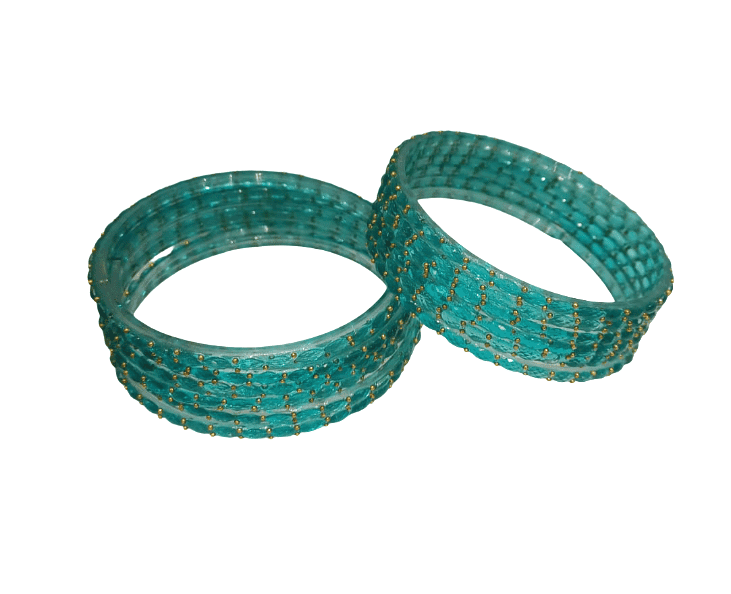 Teal Glass Bangle Set with Gold Bead Embellishments view 2