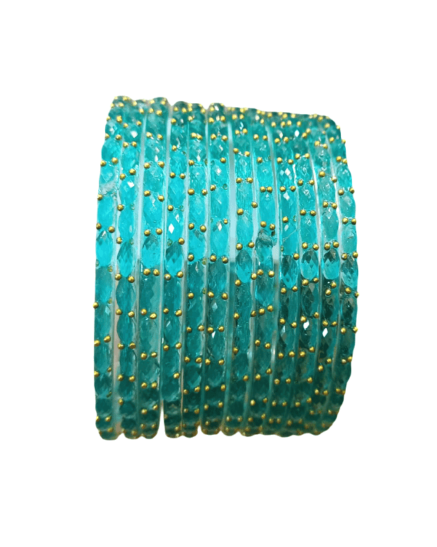 Teal Glass Bangle Set with Gold Bead Embellishments view 3