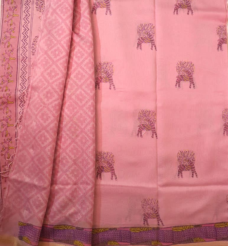 Gond Art Block Print Maheshwari Saree – Heritage Tribal Motif view 3