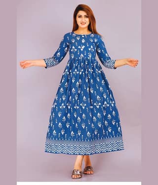 EXPORTHOUSE Women Cotton Blend Printed Anarkali Kurti ( Light Blue )
