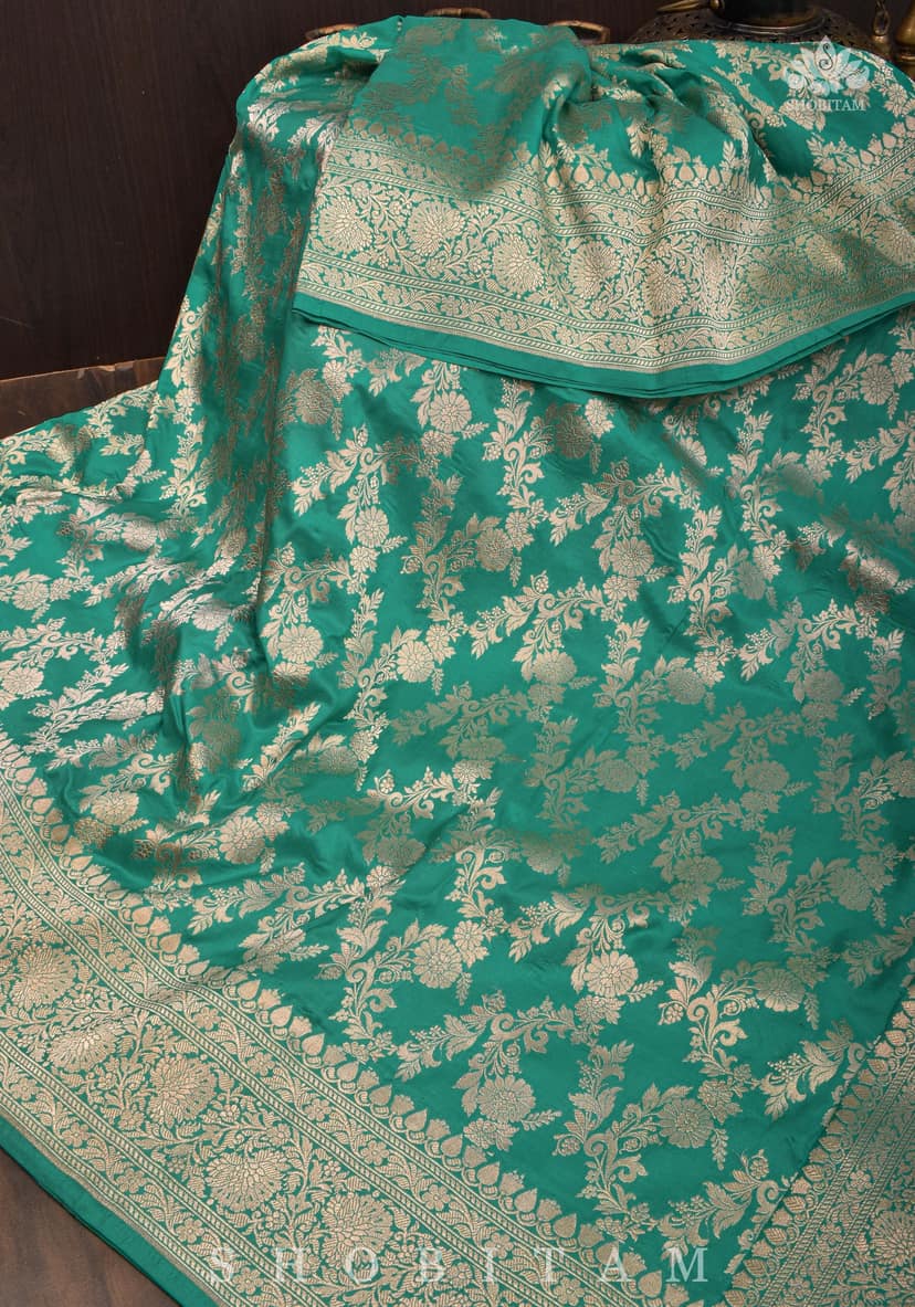 Pure Katan Silk Banarasi Saree in Sea Green with Floral Jaal Weave | SILK MARK CERTIFIED view 5