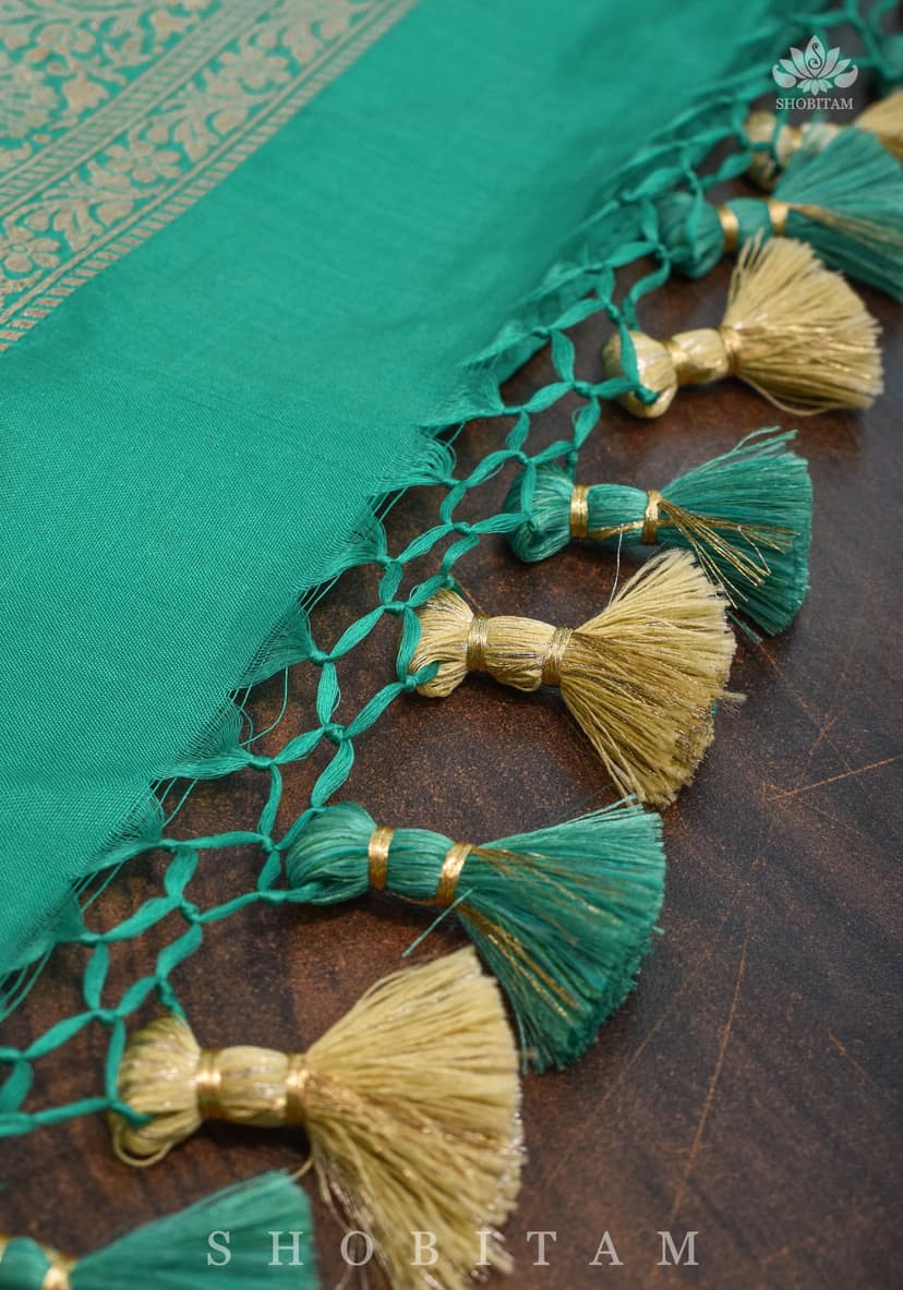 Pure Katan Silk Banarasi Saree in Sea Green with Floral Jaal Weave | SILK MARK CERTIFIED view 6