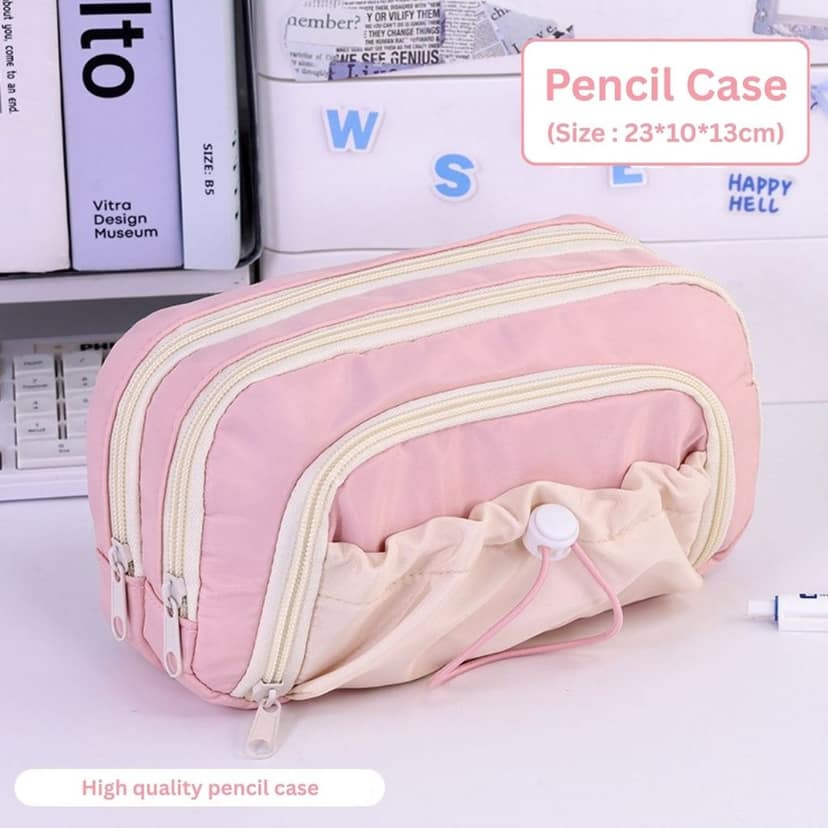 Large Capacity Pencil Pouch Pink – 5-Layer Storage Woven Fabric Pencil Case with Mesh Compartments & Adjustable Drawstring Pocket, Multi-Compartment Organizer for School & Office view 2