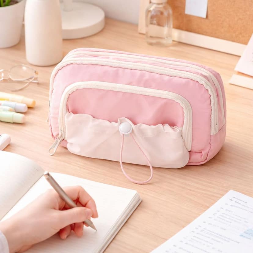 Large Capacity Pencil Pouch Pink – 5-Layer Storage Woven Fabric Pencil Case with Mesh Compartments & Adjustable Drawstring Pocket, Multi-Compartment Organizer for School & Office view 7