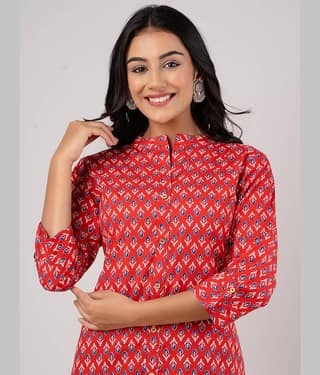 feranoid Pack of 1 Cotton Blend Printed Straight Women's Kurti - ( Red )