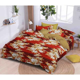 Black Bee White Yellow Rose Print On Rust Colour Base Double Bedsheet With 2 Pillow Covers (208 X 213 Cm)(Bs8-05)