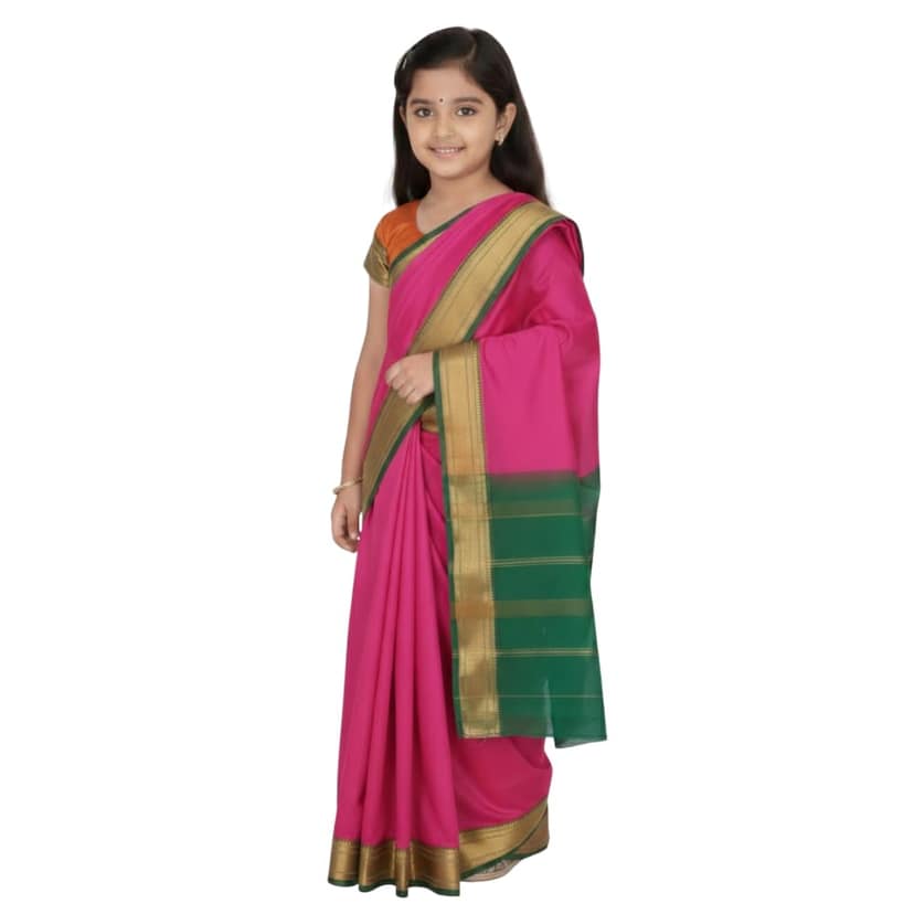 Mom and Me Pre-Stitched Girls Saree - Belgaon Silk with Golden Zari Border