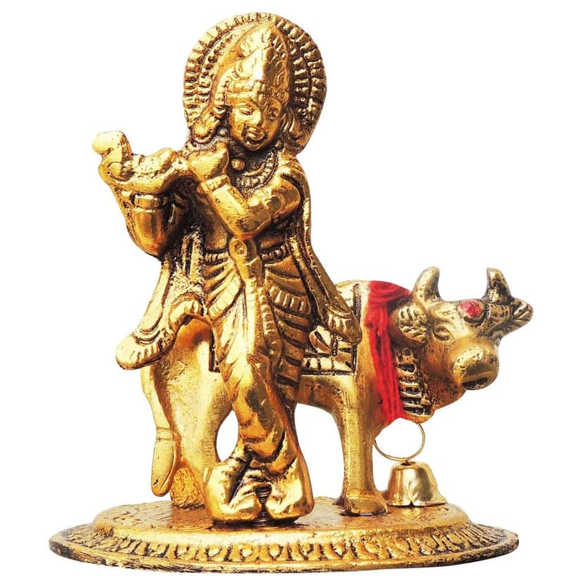 Aluminium Showpiece Cow Krishan Oval Base Statue (ASMAS260 G) view 2