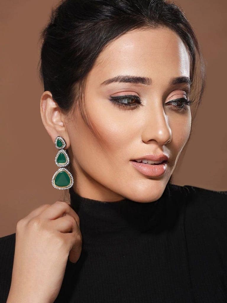 Gold Oxidised Green AD Handcrafted Designer Earrings view 2
