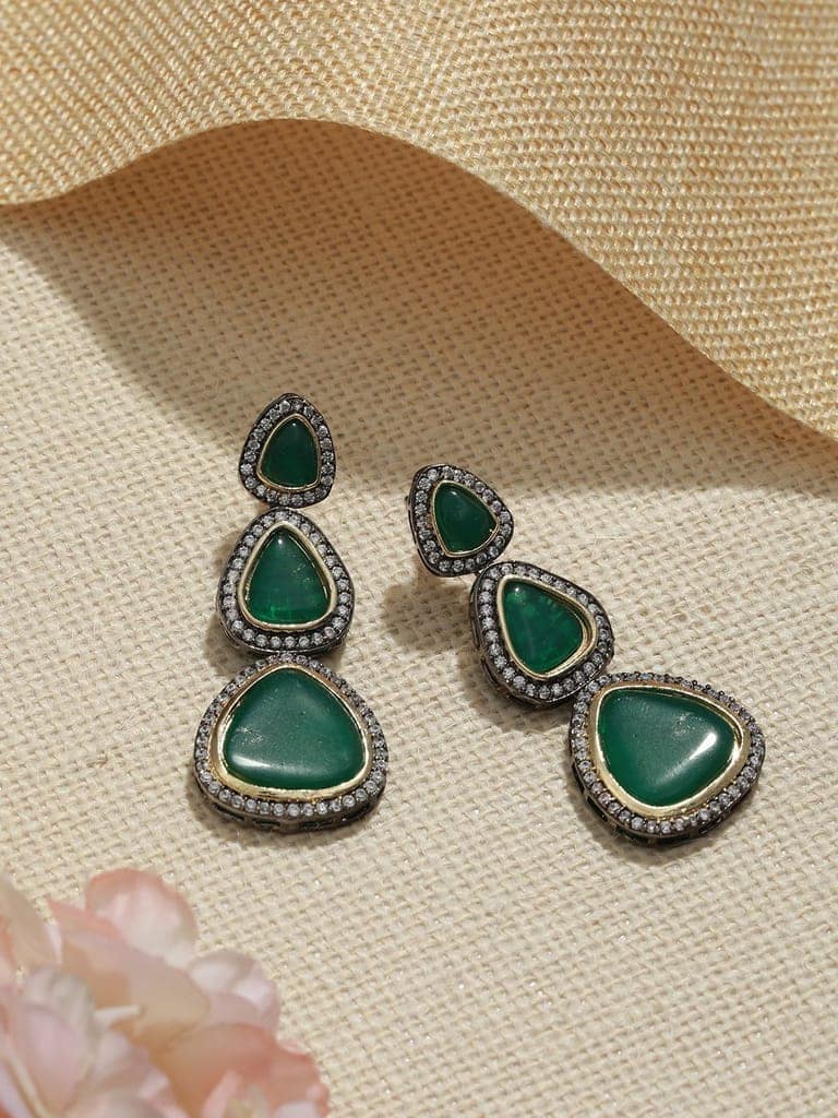 Gold Oxidised Green AD Handcrafted Designer Earrings view 3